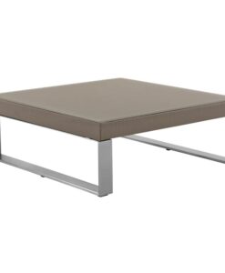 Coffee Table — Modern square ottoman with beige cushion and silver metal frame.