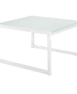 Vela Side Table — Modern white metal frame coffee table with a clear glass top.