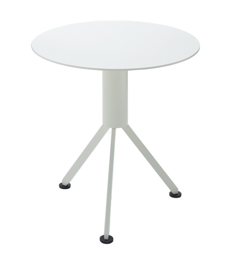 Powder Polyester Aluminum Round Side Table — A modern white round table with a central stand and three angled legs.