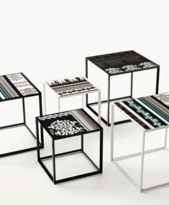 White Bronze Aluminum Coffee Table — A collection of modern square tables with patterned tops and metal frames.