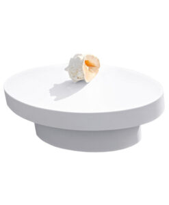 A seashell placed on a white, Round Coffee Table