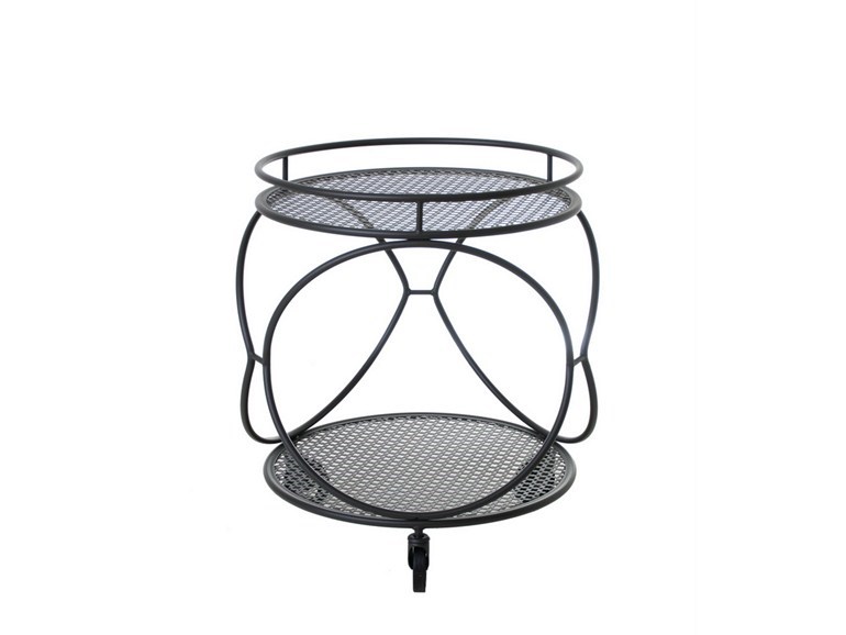 A round metal plant stand with mesh surfaces and curving supports, standing on a single tiered base.