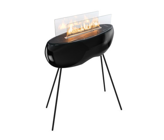 Modern outdoor fire pit with a glossy black finish with black stand.