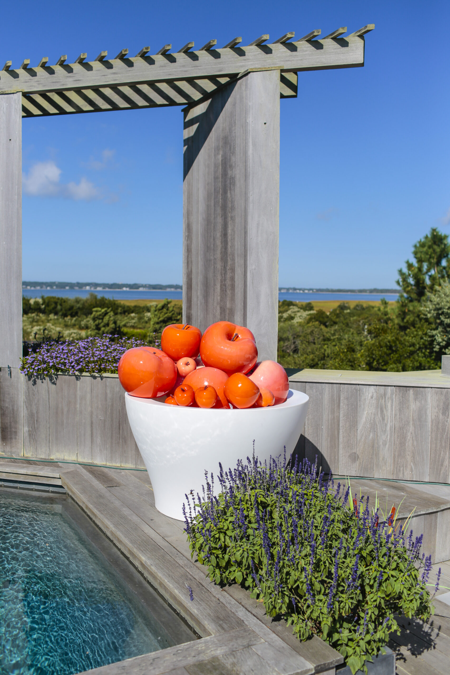 A bowl of couture outdoor orange apples by a pool, with a beautiful water view and a clear blue sky.