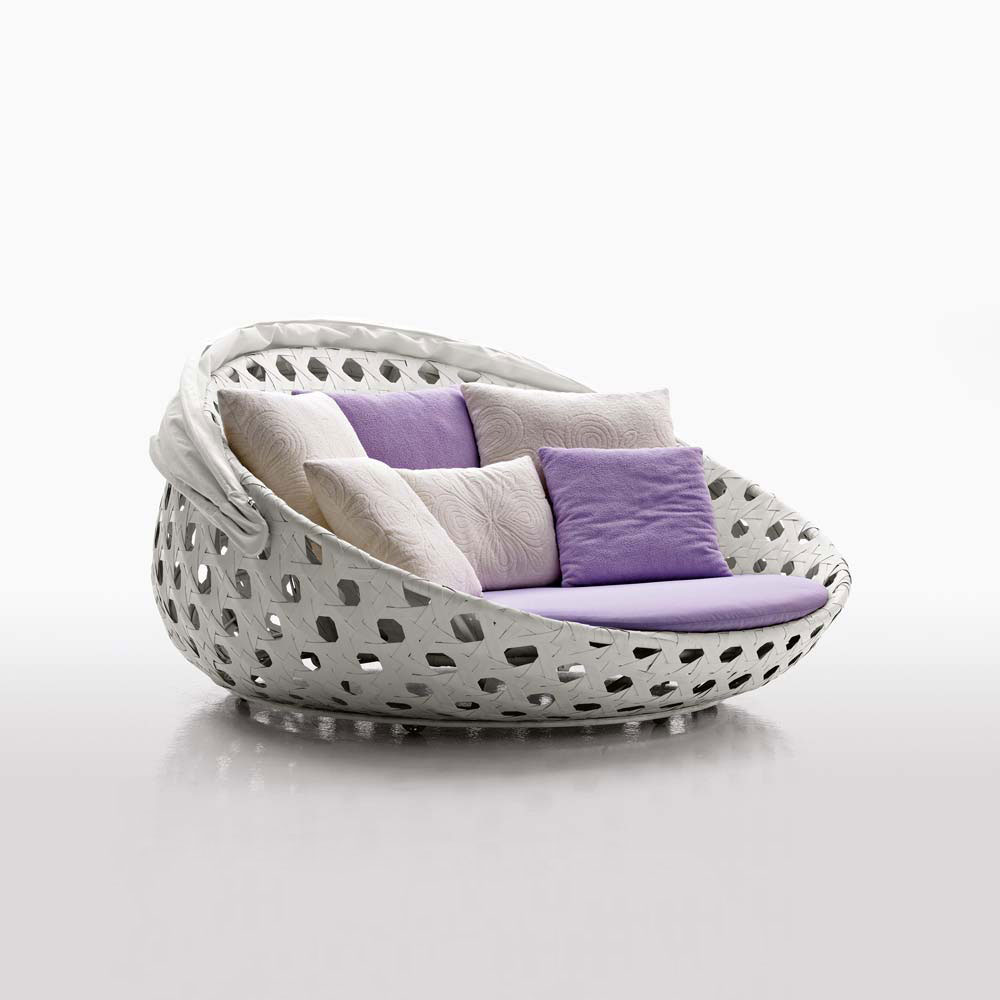 White Bronze Aluminum Wicker Daybed — Modern round daybed with cut-out patterns and cushions