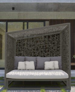 Geometric Collection — Outdoor canopy daybed with cushions against a modern home background