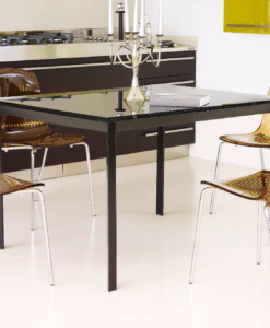 Dining Chair — Modern dining room with a black glass table and striped gold chairs