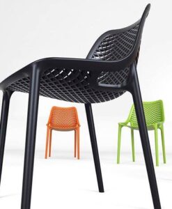 Dereck Dining Chair — Five modern chairs in blue, black, orange, green, and red colors with a mesh design