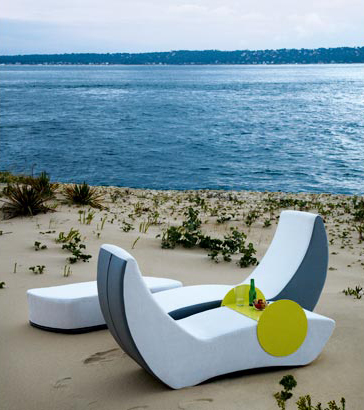 Luxurious, stacking chaise lounger is a virtual outdoor furniture lounge area. When not used, they are fun and easy to store, intertwined like a puzzle.