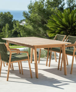 Teak Dining Chair - Outdoor wooden dining table and chairs on a patio