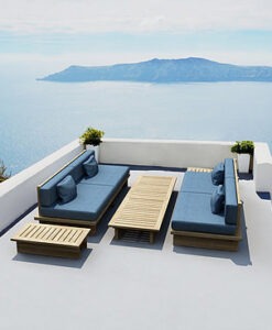 Modern Teak Platform 2 Seater Sofa Blue Cushions