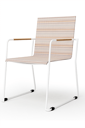 Modern white chair with striped upholstery and wooden armrests