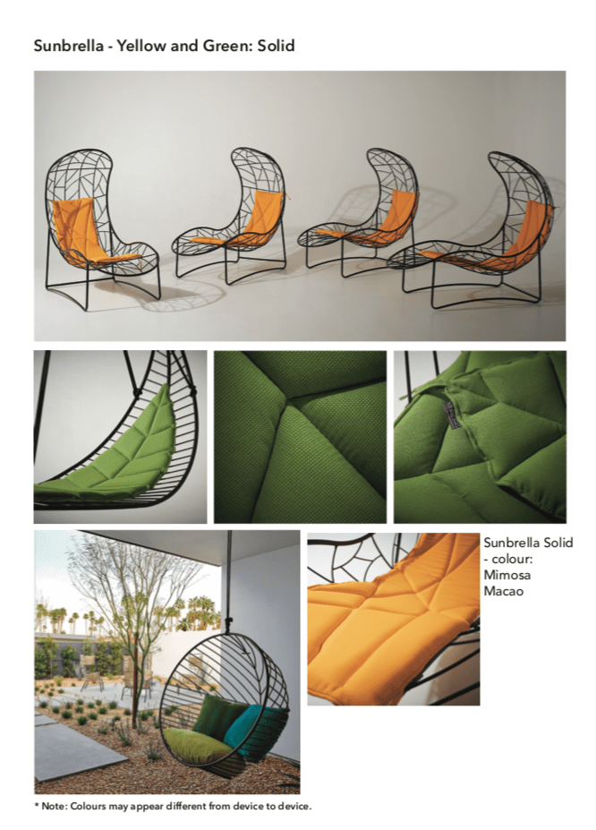 A collage format of modern chairs in various designs, highlighted by green and orange cushions.
