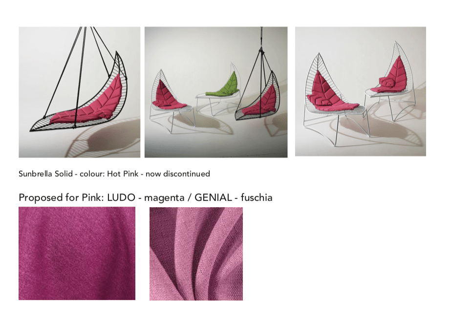 Collage of leaf hanging swings & chairs with pink fabric