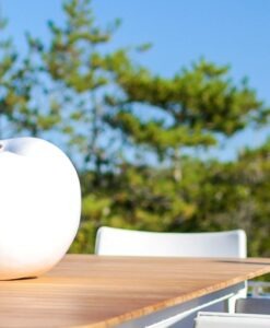 Giant white apple sculpture on an outdoor wooden table with trees in the background.