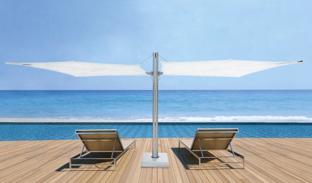 Hudson Luxury 360 Rotation Double Umbrella Modern High Wind Resistence Front Ocean Master Residential Commercial Hospitality NYC Connecticut Hotels Resort Mexico Hamptons Miami CA