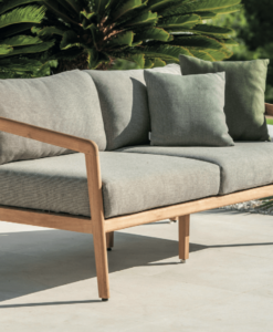 Modern outdoor bench with wooden frame and grey metal grid seat and backrest.