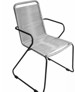 Cute Dining Chair — White outdoor chair with a black frame and armrests.