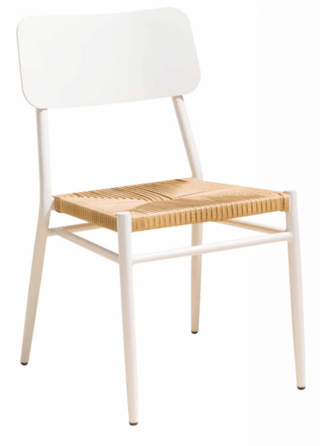 A modern white Minton Dining Chair with a woven wooden seat.