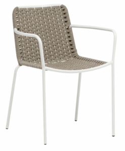 Woven taupe Pisa Dining Chair with white metal frame on a white background.