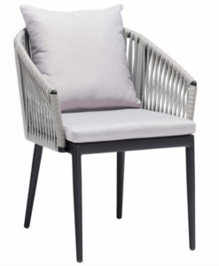 Modern Soei dining chair with gray cushioning and a woven backrest, accentuated with a white pillow.