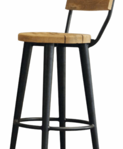 A bar stool with a black metal frame and wooden seat and backrest.