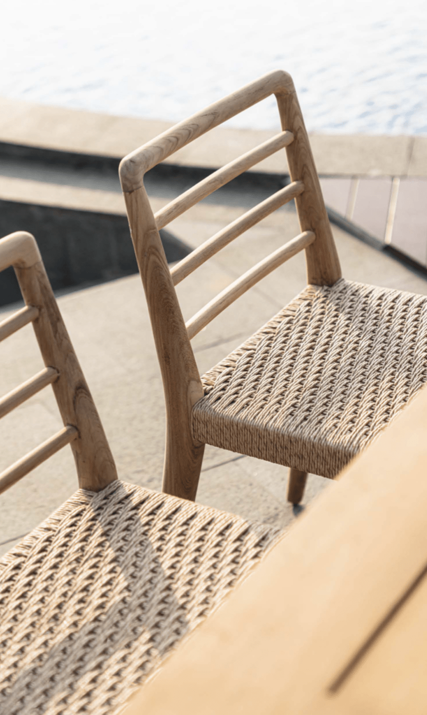 Armless Dining Chairs — Wooden Chairs with woven seat by the water