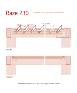 Raze | Diagram of the Raze 230 walkable roof with glass railings. Includes sectional views A/A and B/B, detailing the roof's adjustable angle range from 0-135°. Standard size: up to 13' x 20' (4m x 6m).
