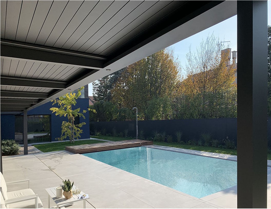 blaze automatic remote retractable custom pergola roof doors screen light residential commercial hospitality hotel restaurant modern design luxury