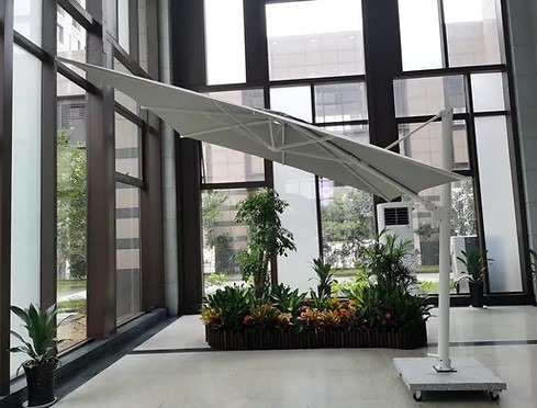 Bono modern cantilever umbrella large 10x10 10x13 white grey heavy roll base wheels granite 365 tilt hotel resort commercial hospitality residential