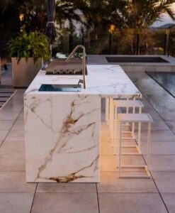 sleek aventura bar professional custom modern luxury outdoor kitchen bbq grill 316 stainless stone black calcutta marble