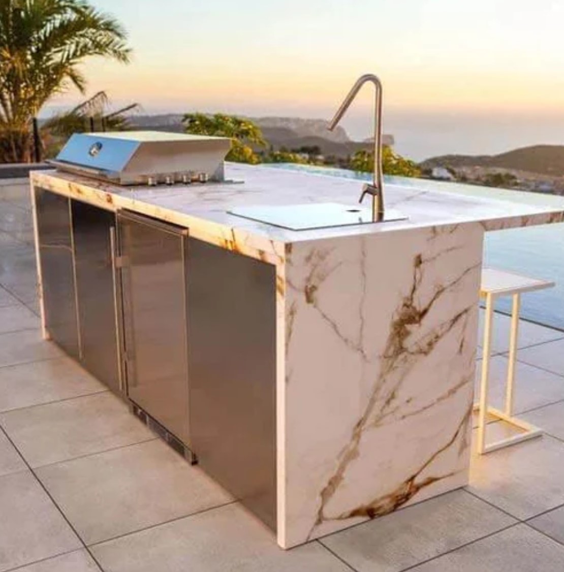 sleek aventura bar professional custom modern luxury outdoor kitchen bbq grill 316 stainless stone white gold calcutta marble