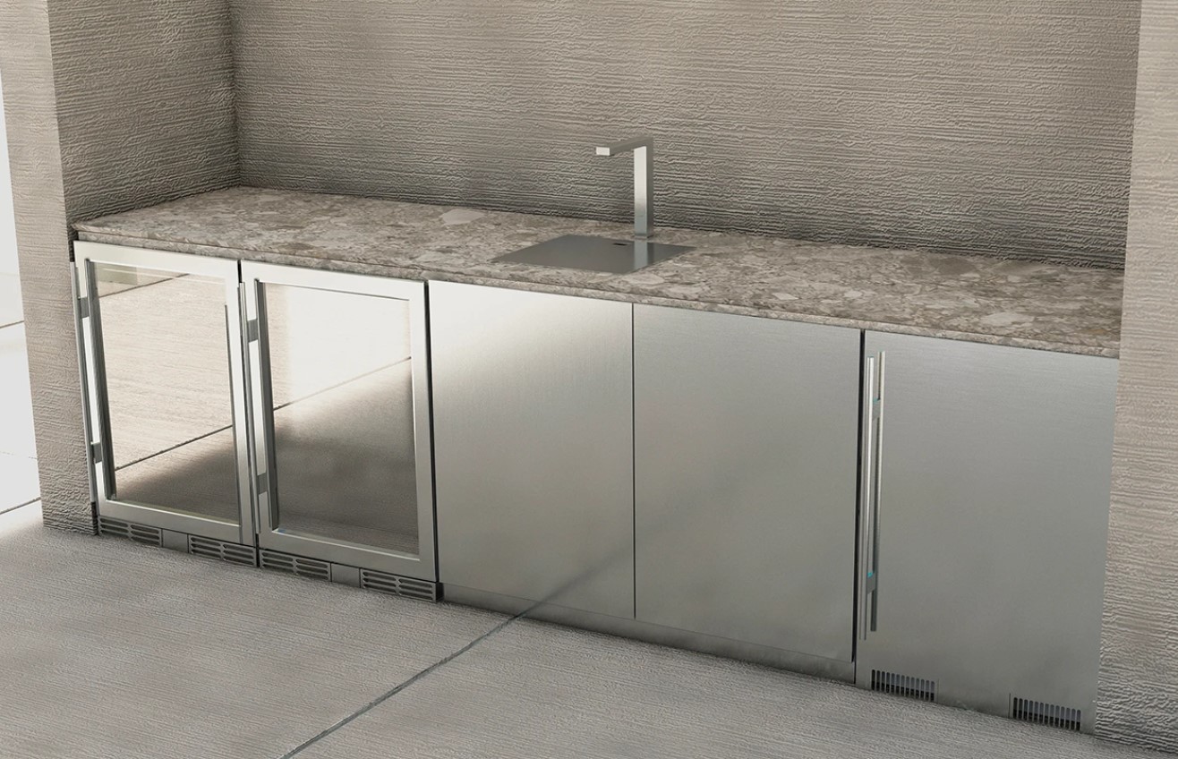 sleek aventura calcutta stone porcelain marble 316 custom modern luxury outdoor kitchen