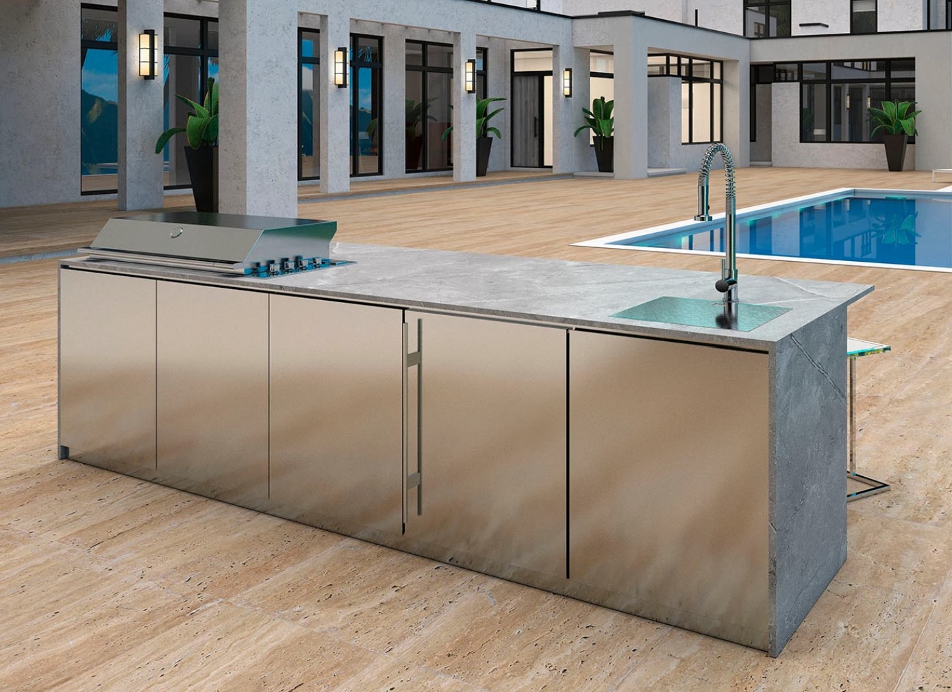 sleek aventura calcutta stone porcelain marble 316 white custom modern luxury outdoor kitchen gas grill