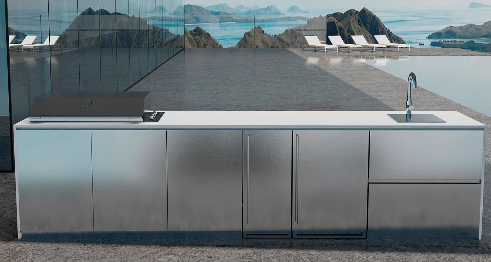 sleek aventura calcutta stone porcelain marble 316 white custom modern luxury outdoor kitchen storage doors