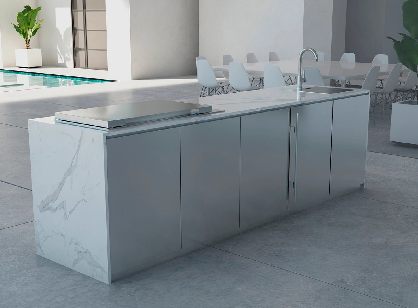 sleek aventura calcutta stone porcelain marble 316 white custom modern luxury outdoor kitchen