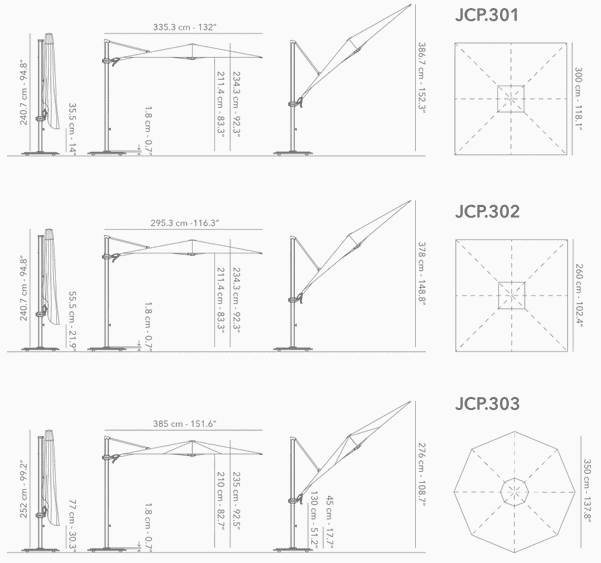 jack.3 series cantilever commercial hospitality hotel modern 360 luxury umbrella specs